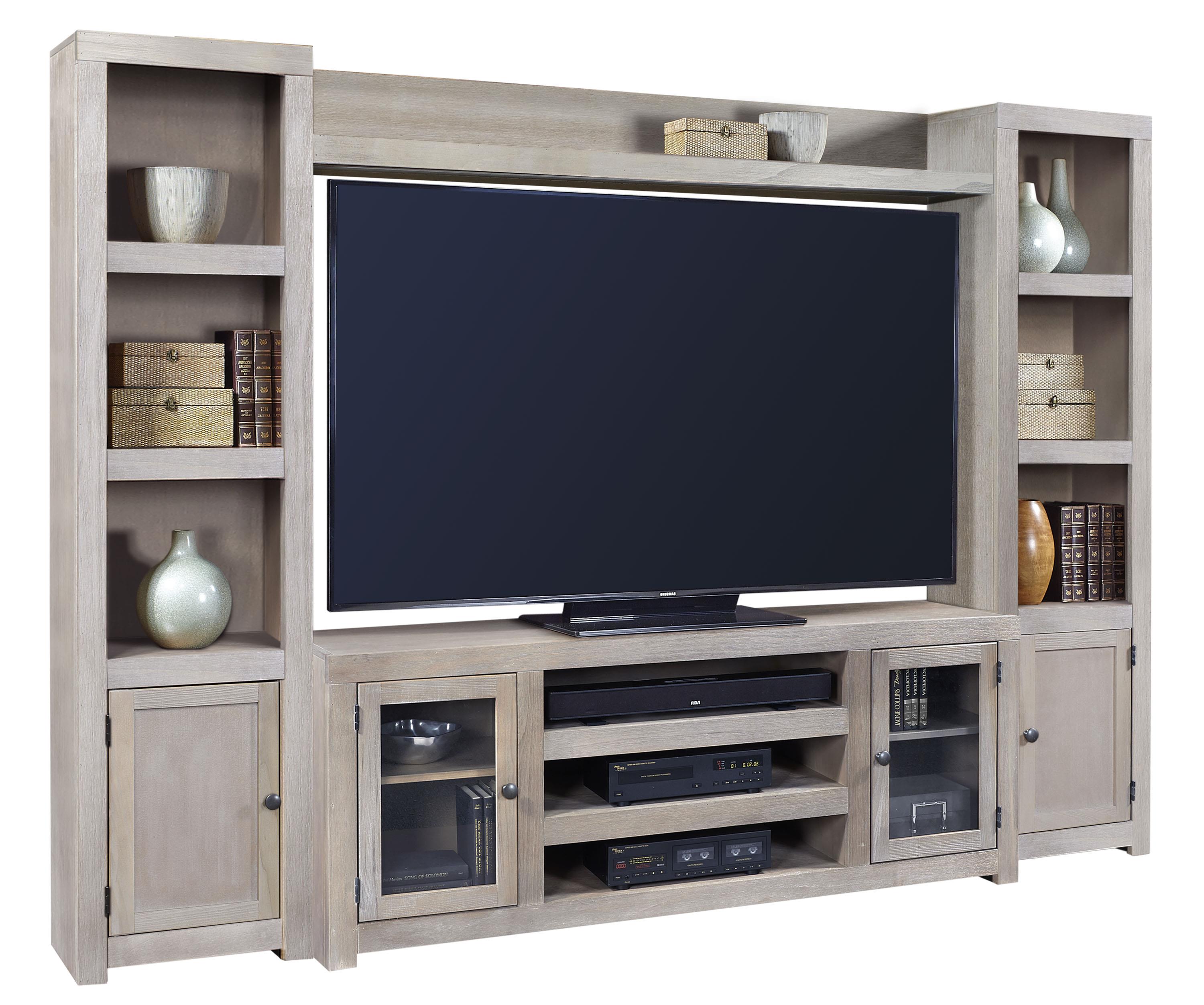 Aspenhome Contemporary Driftwood Entertainment Wall with 4 Doors and Open Shelving Sheely's